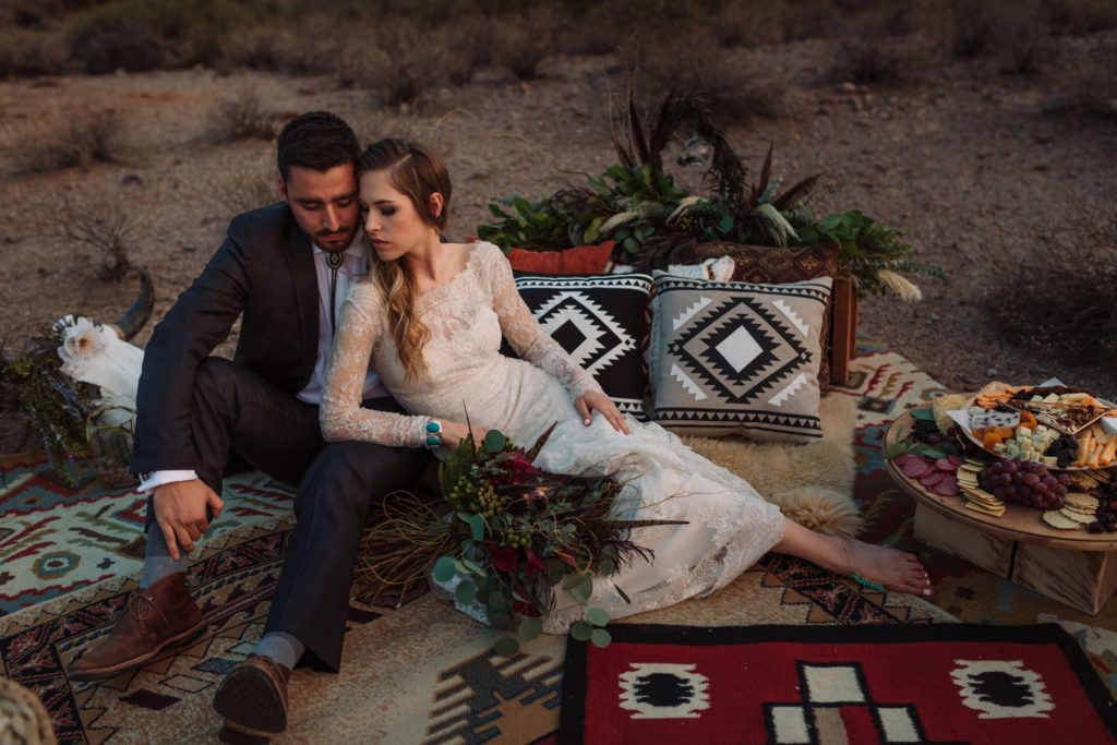 Superstition Mountain Elopement with vintage rugs and pillows