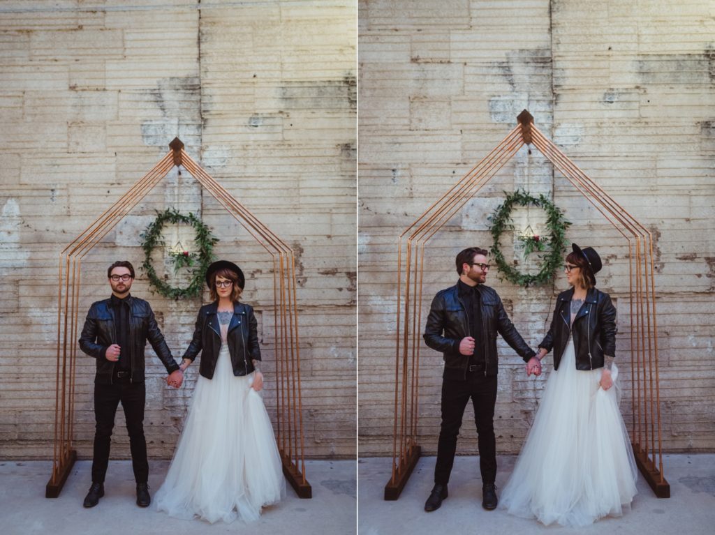 Phoenix AZ bride and groom with tattoos and leather jackets
