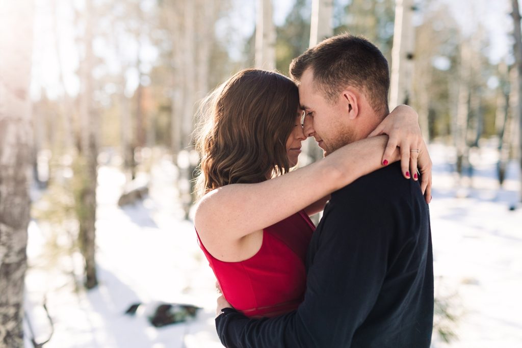 Payson Engagement Photos in the snow with red dress