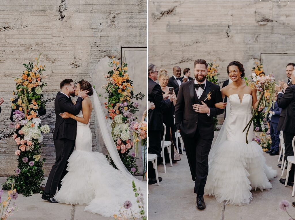 bride and groom kiss during ceremony