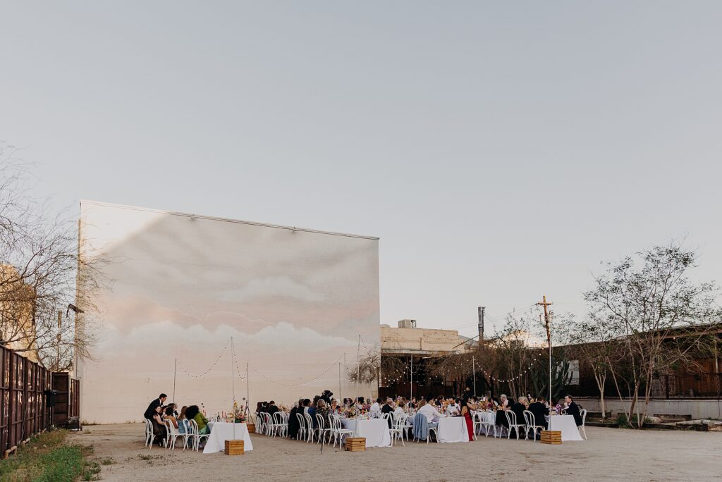 outdoor wedding reception with string lights