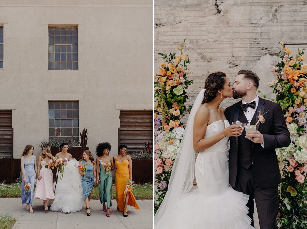 bride walks with bridesmaids in colorful dresses