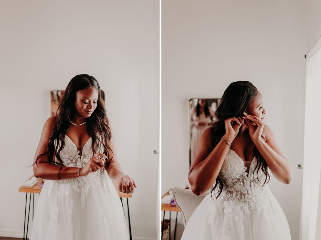 bride putting on perfume and jewelry on her wedding day.