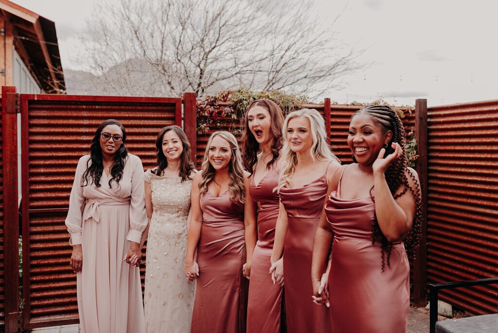 bridesmaids see bride in her wedding dress for the first time
