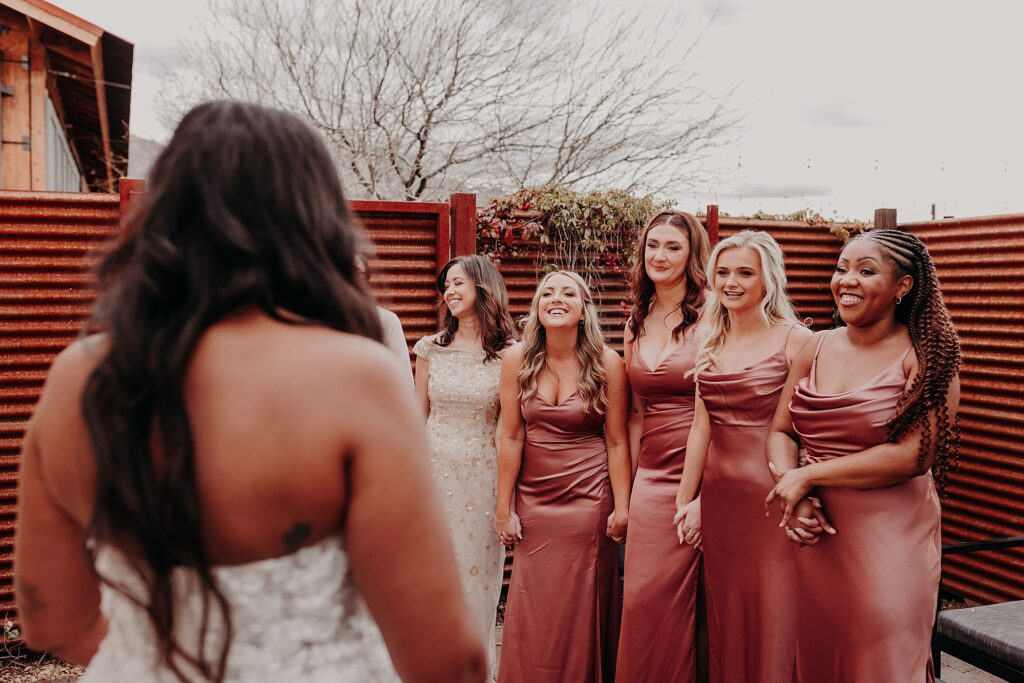 bridesmaids see bride in her wedding dress for the first time