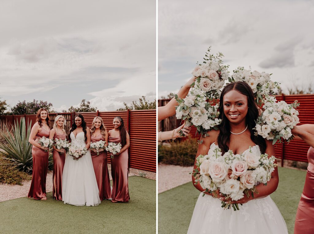 bride and bridesmaids hold bouquets and pose at the paseo wedding venue