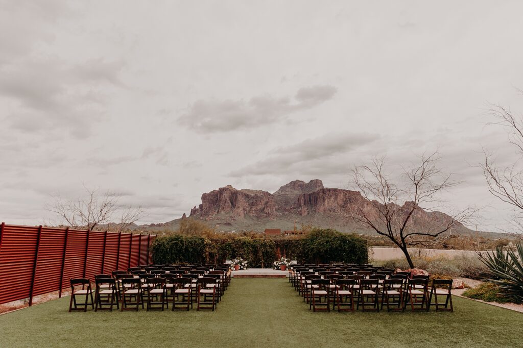 empty wedding ceremony space before guests arrive set in the Superstition Mountains