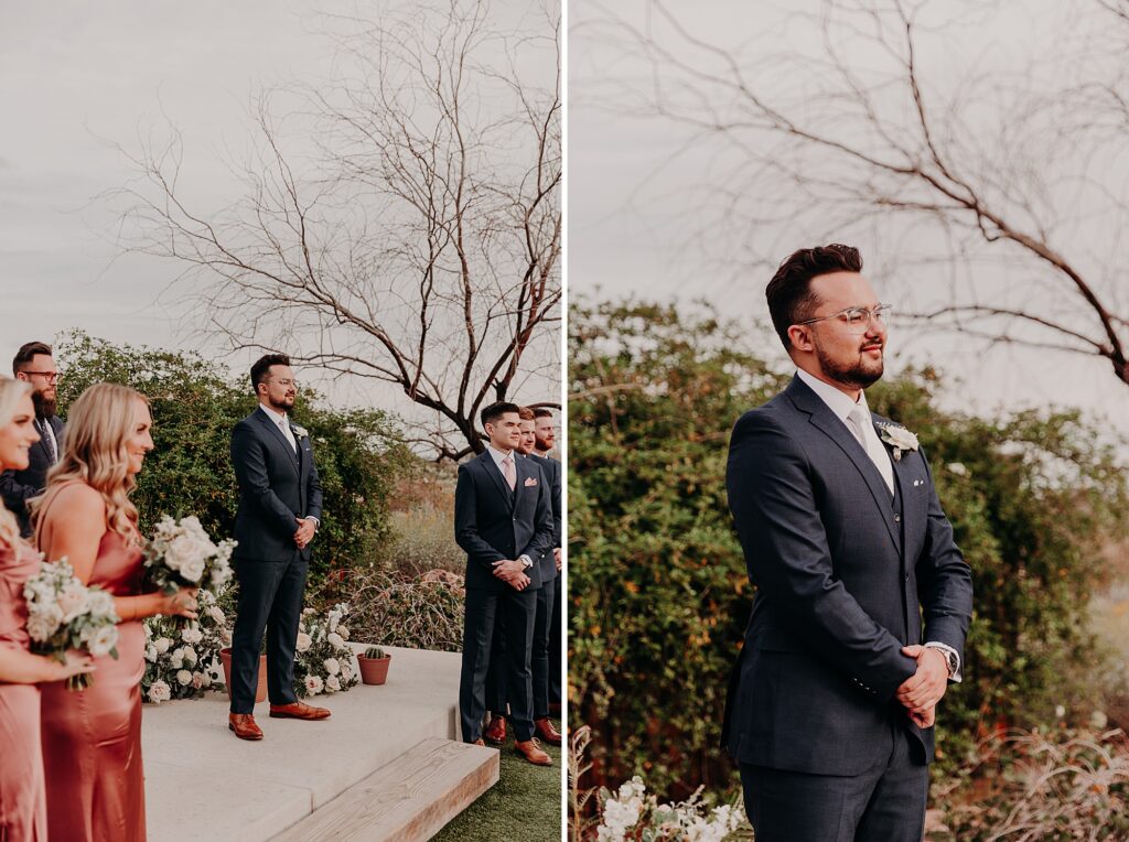 groom looks at his bride as she walks down the aisle