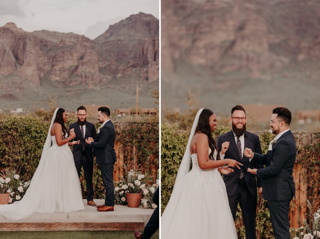 bride and groom play rock paper scissors to decide who says their vows first