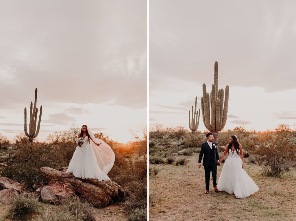 bride and groom pose for sunset portraits at the paseo