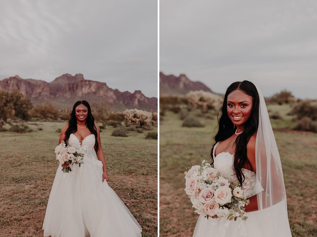 bride holds bouquet during sunset photos on wedding day