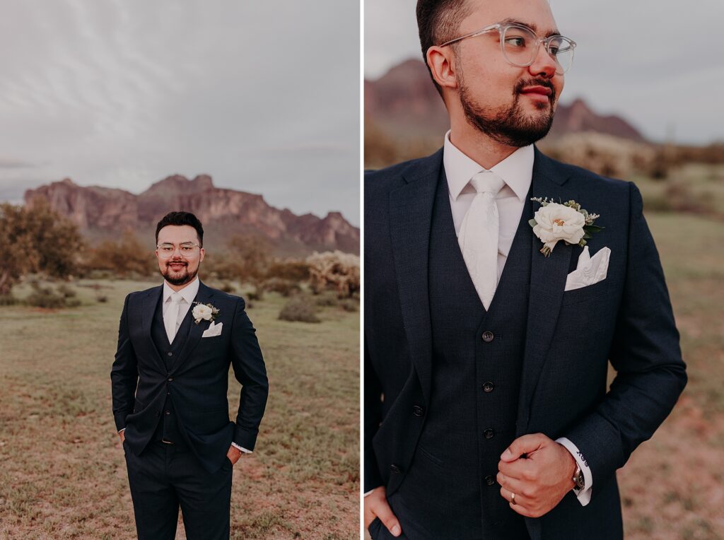 groom poses for sunset photos on wedding day