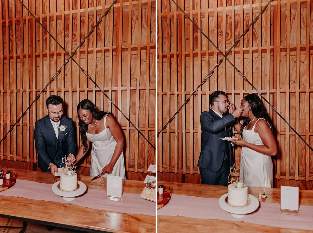 bride and groom cut and eat wedding cake