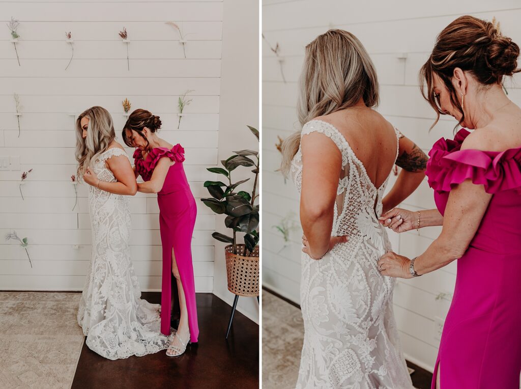 Bride gets zipped into dress by her mother