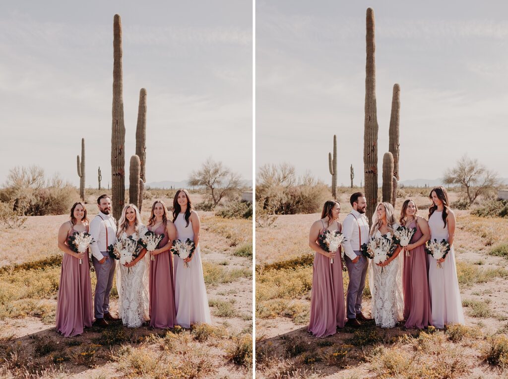 bride and her wedding crew pose in the desert in front of a cactus