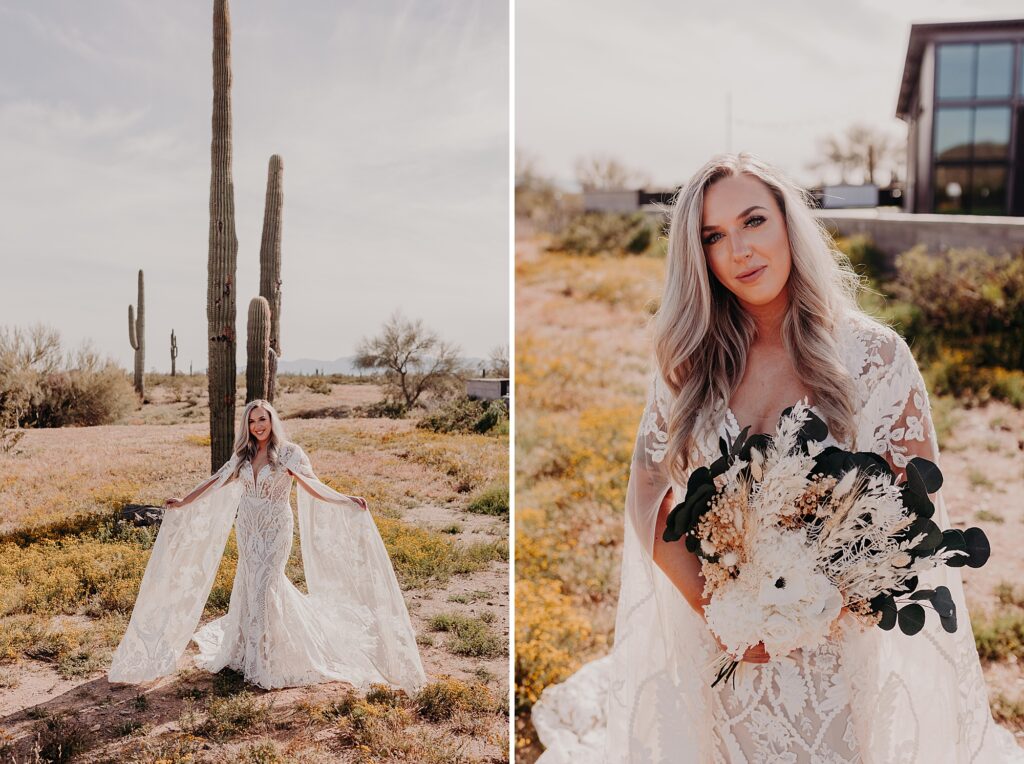 bride poses with dried bouquet in the desert