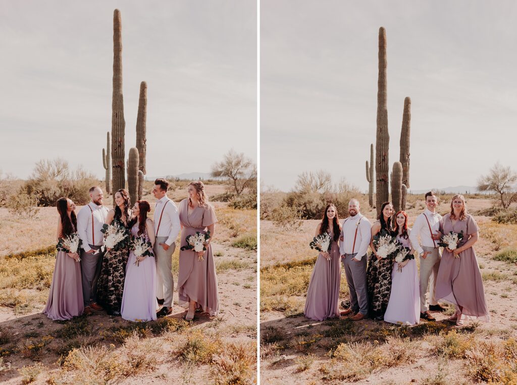 bride and her wedding crew pose in the desert in front of a cactus