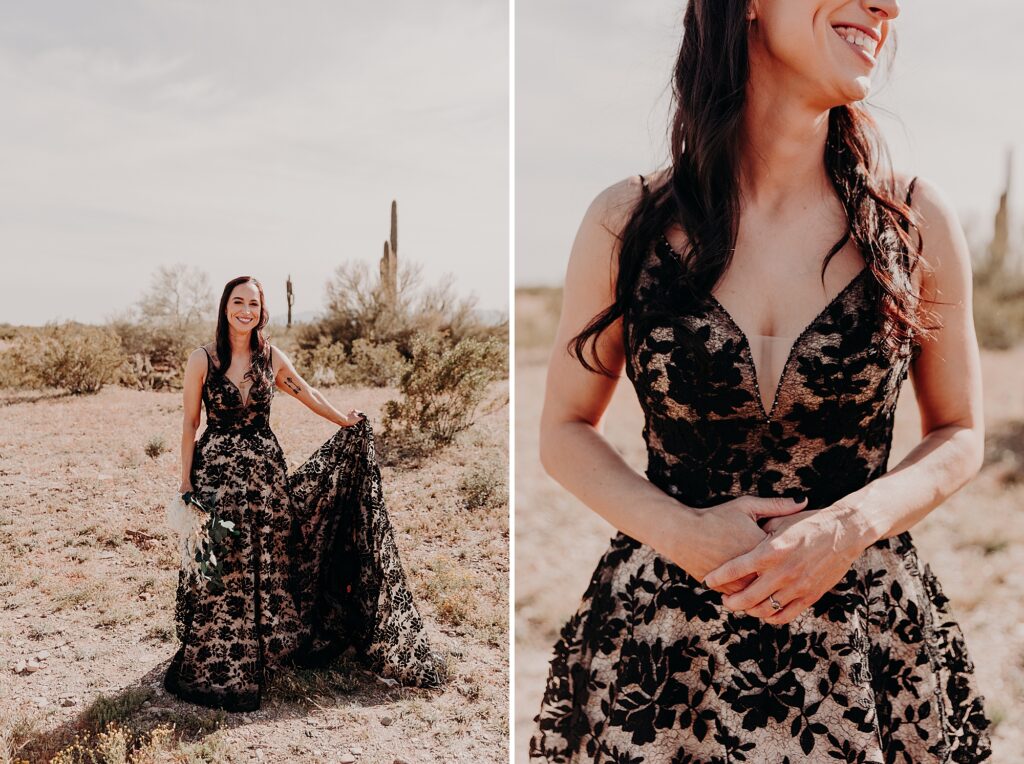 bride poses in the desert in a black wedding dress