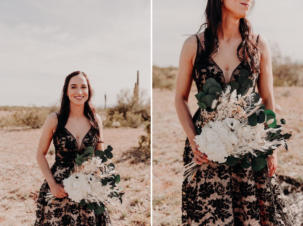 bride poses with dried bouquet in the desert