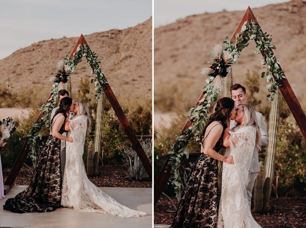 two brides share first kiss during desert ceremony