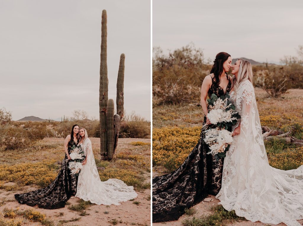 two brides cuddle in the desert with bouquets