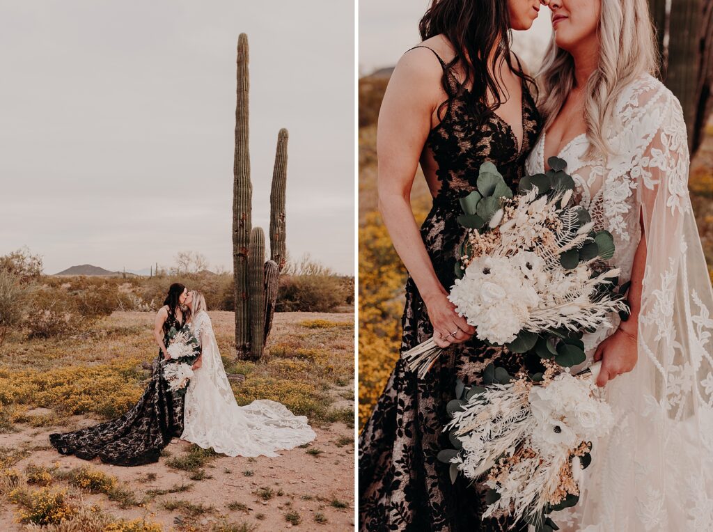 black and white wedding dresses in the desert