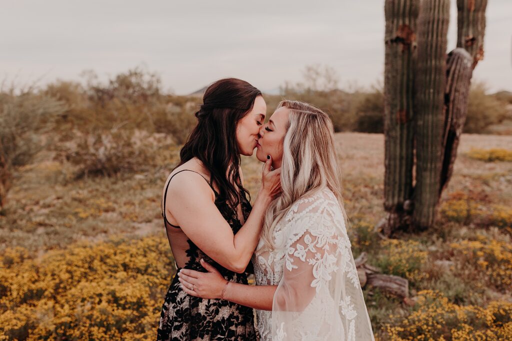 wedding couple kiss in the desert at sunset