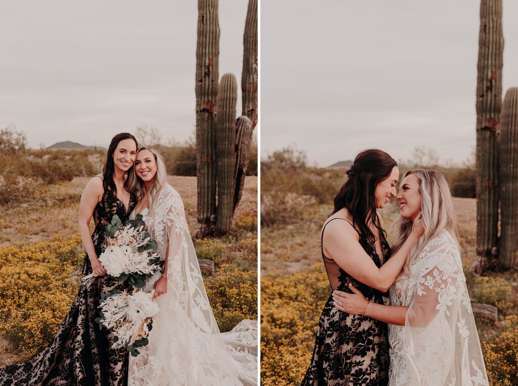 two brides kiss and cuddle in the desert together