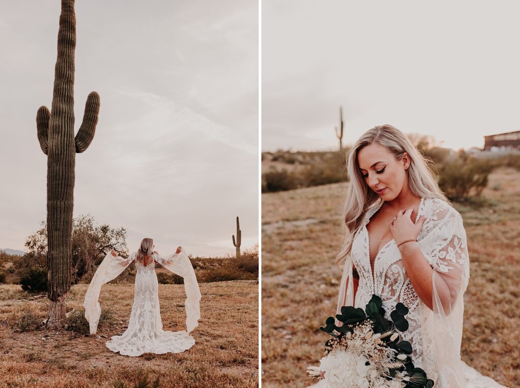 bride waves white cape in the desert