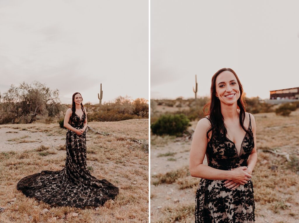 bride in black dress poses with bouquet in the desert