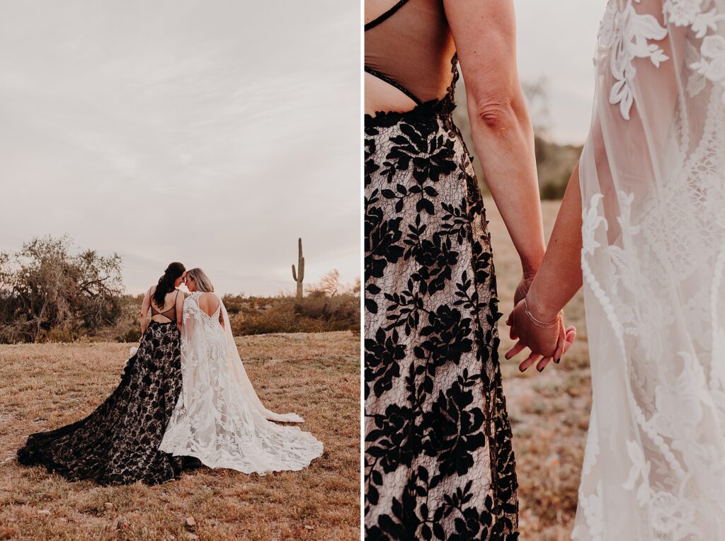 black and white wedding dresses on brides in the desert together