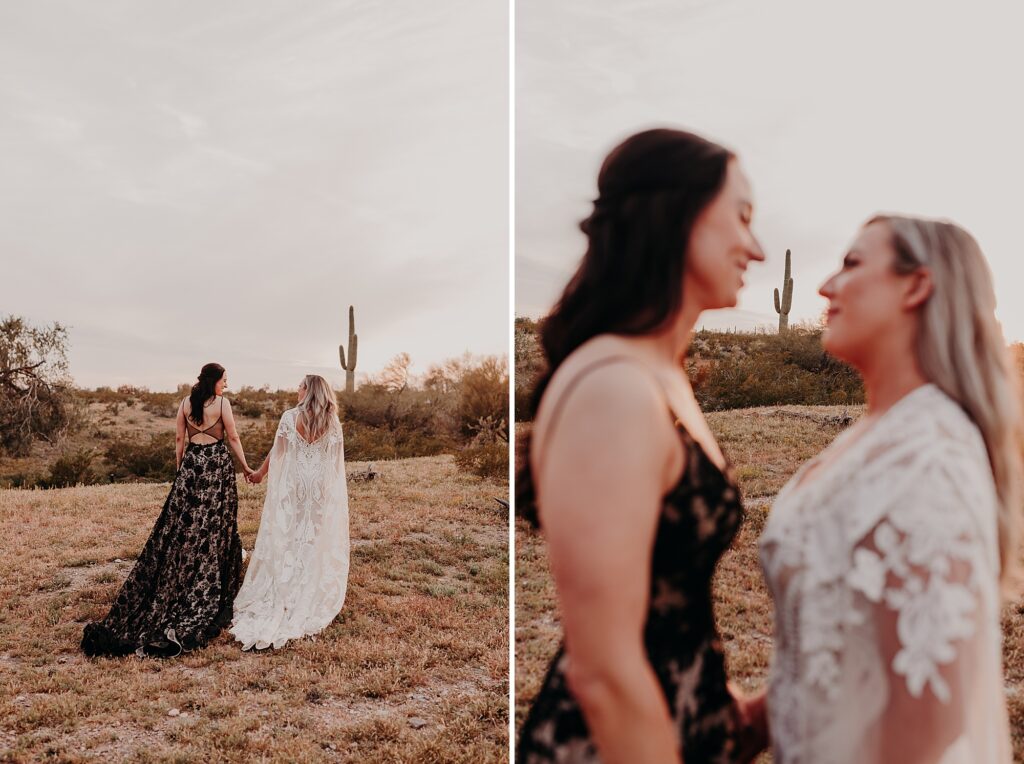 black and white wedding dresses on brides in the desert together