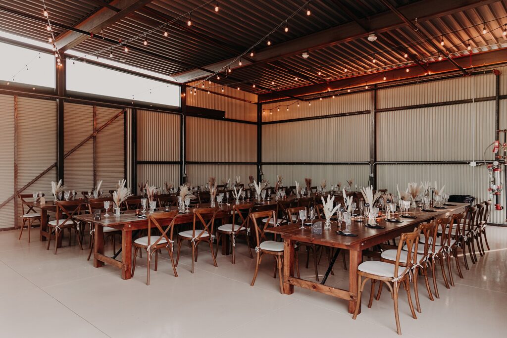 wedding reception farm table set up