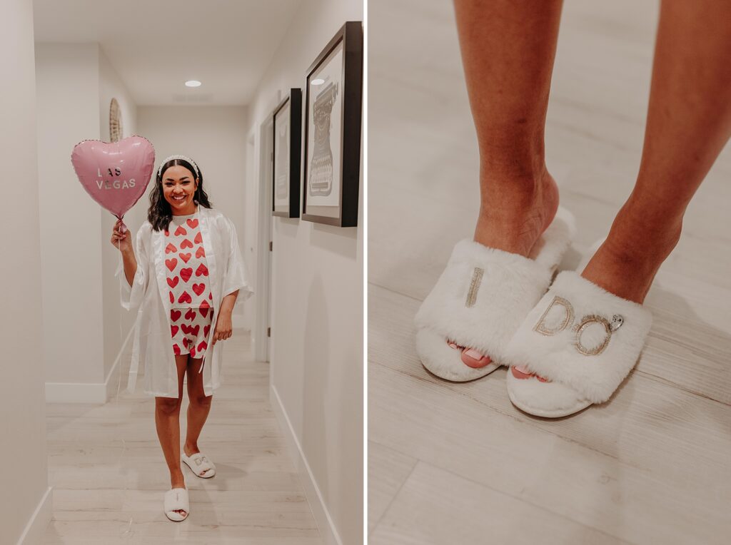 Bride holds balloon wearing "I do" slippers