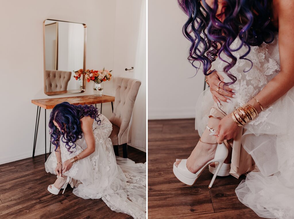 bride leans down to put on her jimmy choo wedding shoes