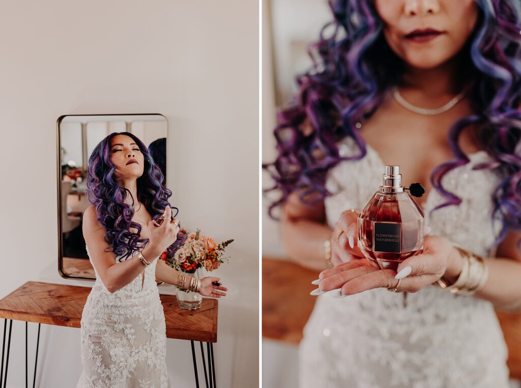 bride sprays perfume on while getting ready for wedding