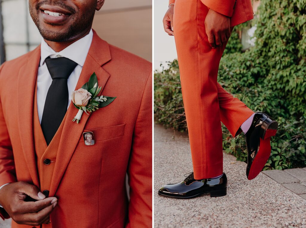groom stands in terracotta suit and shows off louboutin shoes