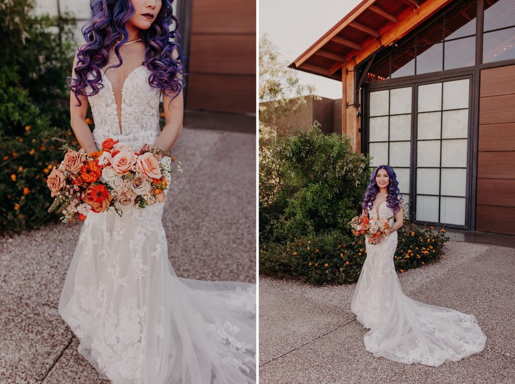 bride with curly purple hair holds bouquet at the paseo wedding venue
