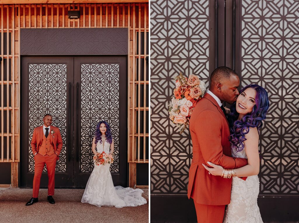 bride and groom lean against mosaic designed door