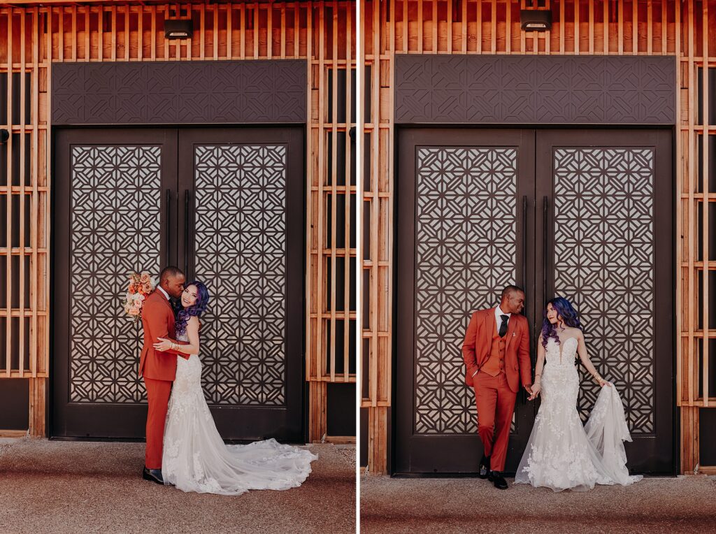 bride and groom lean against mosaic designed door