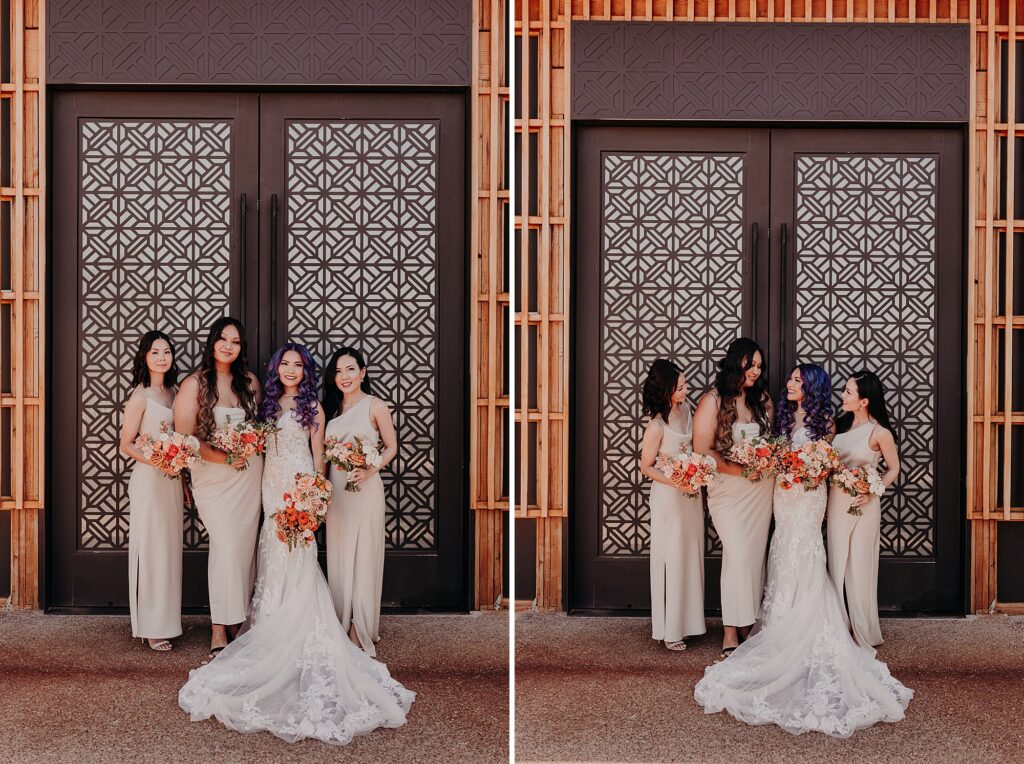 bridesmaids smile in front of mosaic designed door