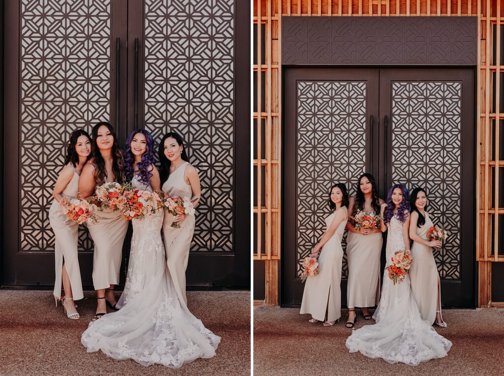 bridesmaids pose in front of mosaic designed door