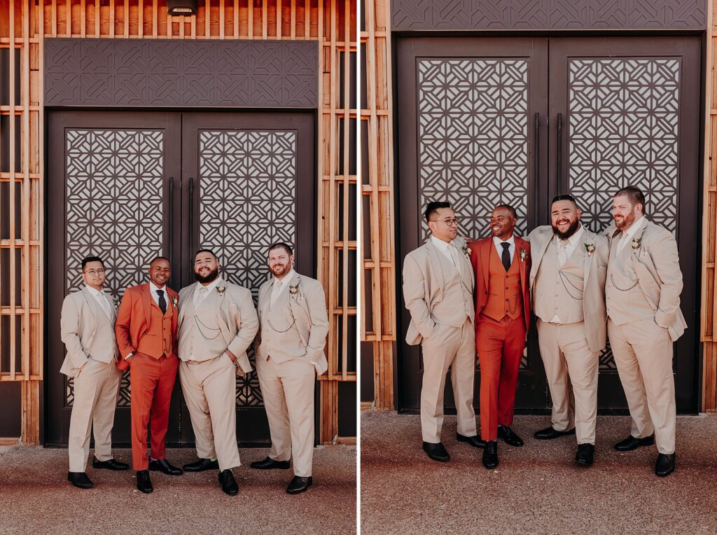 groomsmen pose in terracotta and tan suits again mosaic doors