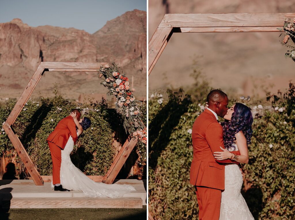 bride and groom share first kiss during wedding ceremony