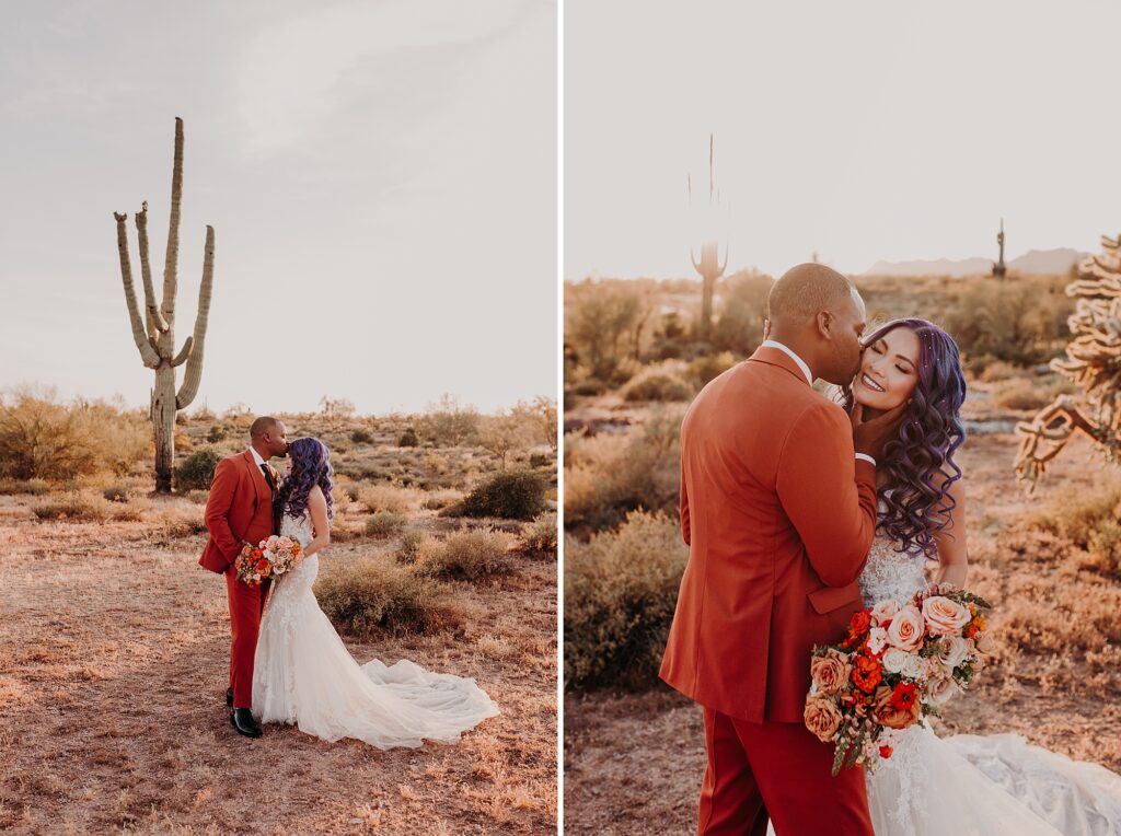 bride and groom cuddle and nuzzle noses in the desert