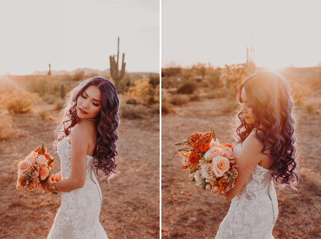 bride looks over her shoulder while holding her bouquet
