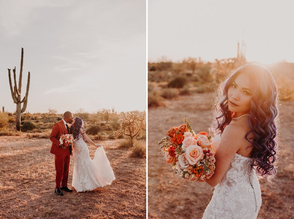 bride and groom kiss at sunset in the desert