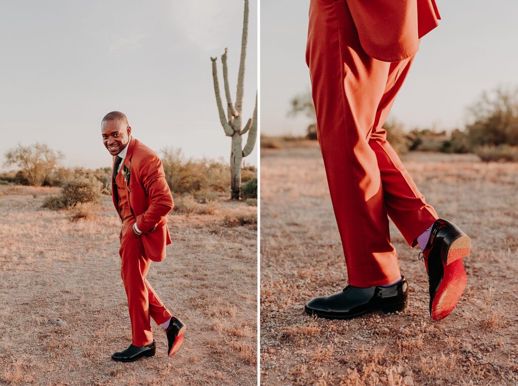 Groom shows off his louboutin shoes in the desert