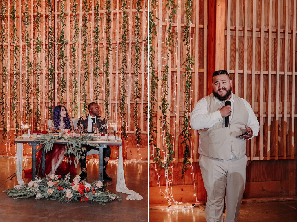 bride and groom laugh and listen as the best man shares wedding toast
