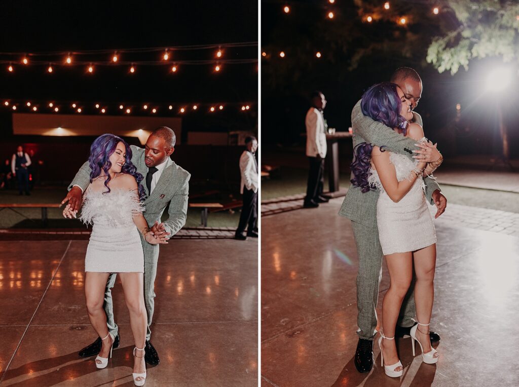 bride and groom dance together during wedding reception